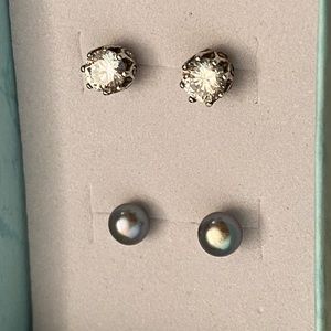 Two pairs of vintage sterling silver post earrings – pearl, and CZ